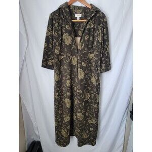 Talbots Women's Size 8 Dark Green Floral Button Front Midi Shirt Dress 3/4